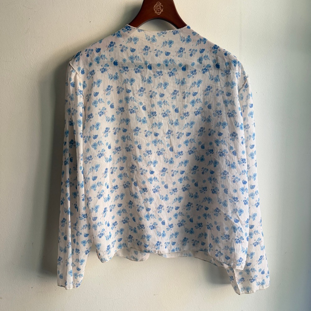 Semi sheer Dazy Floral Print Long‎ Sleeve Blouse White Blue XL